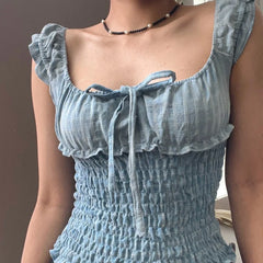 Bxoxo French Pleated Square Neck Bows Bandage Sexy Tank Top Y2K Summer Sweet Cute Daily Fashion Streetwear All-Match Camis