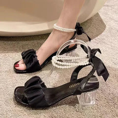 BXOXO Comfort Shoes for Women Block Heels Pearl Sandals Med Suit Female Beige All-Match Chunky Girls Medium Clear Black Gladiator