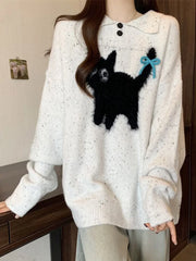 Bxoxo Cute Cartoon Bow Sweaters Women Loose Vintage Long Sleeve Kawaii Knitted Jumper Japan Casual Preppy Style Retro Pullovers