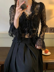 Bxoxo Elegant Lace V-Neck Long Sleeve Shirt Women Fashion Design Sexy Hollow Out See Sun Protection Tops Y2K Summer Chic Thin Blouse