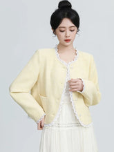 Bxoxo Sweet Yellow Tweed Jackets Women Vintage Lace Patchwork Elegant Short Coat French Retro Casual O Neck Long Sleeve Fall Outwear