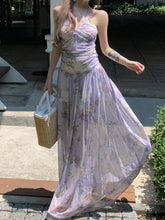 BXOXO Fashion Holiday Style Floral Print Halter Dresses Sleevelwss Slim fit Mesh Fairycore Women Long Dresses