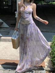 BXOXO Fashion Holiday Style Floral Print Halter Dresses Sleevelwss Slim fit Mesh Fairycore Women Long Dresses