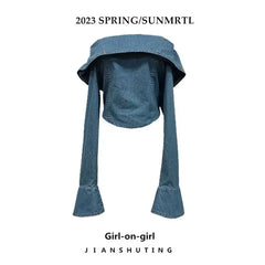 BXOXO Vintage One Line Neck Denim Shirt Women Hong Kong Style Off Shoulder Long Sleeve Blouse Sweet Spicy Slim Crop Top Women Clothing