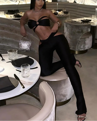 BXOXO Sexy Stunning Women 2 Piece Coquette Solid Hollow Halter Crop Tanks+Slash Waist Slim Pants Female Clubwear Midnight Sets