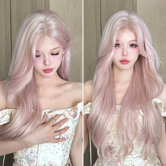 BXOXO Pink Wig for Women Long Wavy Cosplay Wigs Natural Soft Sweet Synthetic Wig for Daily Use School Life Lolita Wig Pink