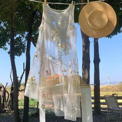 Bxoxo Butterfly Spirit Floral Embroidery Sleeveless Dress Women Summer Loose Overlap Skirt Vest Dress Knee-Length A- Line Gown