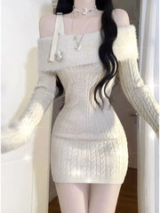 Bxoxo Sexy Spicy Girl One Shoulder Y2k Knitted Dress Autumn Winter Sweet Waist Long Sleeve Slim Wrapped Short Sweater Dresses