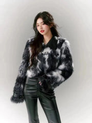 Bxoxo Fashion Tie Dye Faux Lamb Coat Women Y2K Streetwear All Match Hairy Crop Outerwear Fall Winter Pu Leather Patchwork Fur Jacket