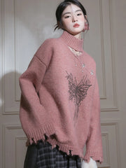 Bxoxo Hollow Out Hole Sweaters Women Vintage Bufferfly Print Lazy Wind Loose Knitted Jumper American Harajuku Y2K Retro Pullover New