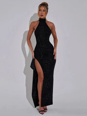 BXOXO Elegant Sleeveless High Slit Ruffled Bodycon Evening Dress Women Shiny Hanging Collar Sexy Backless Party Club Vestido