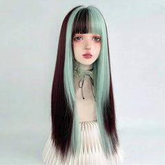 BXOXO Women Synthetic Long Straight Green Brown Layered Ombre Mix Wig Lolita Cosplay Fluffy Hair Wig for Daily Party
