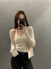Bxoxo Chic Autumn New Vintage V-Ne Knitted Vest And Ele Sweater Cardigan Two-Piece Set Polyester Fiber Commute Sle