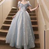 BXOXO Customized Crisscross Square Collar Prom Dresses Sequins Appliques Lace Up A-Line Short Sleeves New Slim Waist Formal Dress Woma