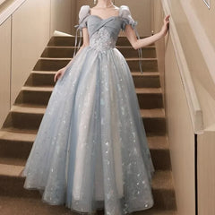 BXOXO Customized Crisscross Square Collar Prom Dresses Sequins Appliques Lace Up A-Line Short Sleeves New Slim Waist Formal Dress Woma