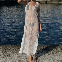 BXOXO See Through Lace Hollow Out Sexy Maxi Dress For Women Fashion U Neck Sleeveless Backless Transparent Beach Long Dress