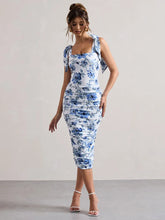 BXOXO Floral Print Backless Sexy Maxi Dress For Women Gown Spaghetti Strap Square Collar Ruched Bodycon Club Party Dress