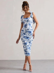 BXOXO Floral Print Backless Sexy Maxi Dress For Women Gown Spaghetti Strap Square Collar Ruched Bodycon Club Party Dress