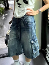 Bxoxo American Retro Blue Denim Calf Length Pants Women Harajuku Y2K Washed Loose Jeans Shorts High Waist Streetwear Wide Leg Shorts