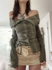 BXOXO Green Striped Off Shoulder Blouses Vintage Y2K Aesthetic Buttons Collar Shirts Women Fashion Korean Casual Sweet Tops