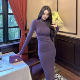 Bxoxo Grape Purple High Elasticity Cotton Tight Fitting Long Skirt for Women in Autumn with a Semi High Collar and a Slim Fit Dress