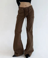 BXOXO Brown Low Rise Flare Jeans for Women Streetwear Y2K Aesthetic Cargo Jean Pants Vintage Denim Trousers Grunge Fairycore