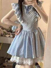 BXOXO Cute Sweet Blue Plaid Dress Women Elegant 3D Floral Flying Sleeve Mini Dress Japan Vintage Slim Kawaii Lace Patchwork Dress