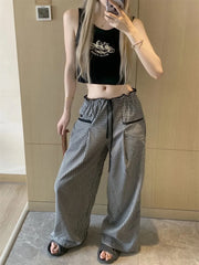 Bxoxo Plaid Ruffled Black Pants Women High Waist Kawaii Coquette Japanese Sweet Style Cute Wide Leg Trousers Harajuku Pant Vintage Y2k