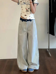 Bxoxo Blue Striped Patchwork Jeans Women Y2K High Waist Streetwear Embroidery Wide Leg Trousers Bf Korean Casual Straight Cowboy Pants