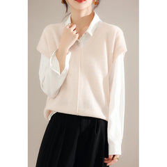 Bxoxo Cashmere Vest Ladies New 100%Pure Wool Knit Waistcoat Spring V-Neck Large Size Sweater Wild Sleeveless Vest Solid Loose Top