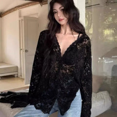 Bxoxo Y2K Lace Sheer Black Shirts Women Streetwear Sexy Hollow Out White Blouses Korean Aesthetic Long Sleeve Chic Sun Protection Tops