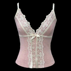 BXOXO Contrast Lace Trim Patchwork Camisole Y2K Aesthetic Bow Tie-up Straps Crop Tops Ribbed Corset Cute Skinny Vest Lolita Tops