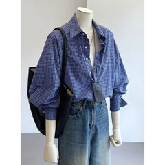 Bxoxo Blue Basic Vintage Plaid Women's Shirts Harajuku Long Sleeve Korean Fashion Blouses Loose Casual Commuting Youthful