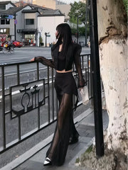 BXOXO Korean Simple High Waist Hollow Out Black Pants+ Y2k E-Girl Slim Fit Mesh Long Sleeve Tops Women Grunge Two Piece Sets