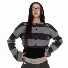 Bxoxo Vintage Striped Knitted Cardigan Women Harajuku Y2k Crop Tops American Retro Gothic Streetwear Cardigan Aesthetics