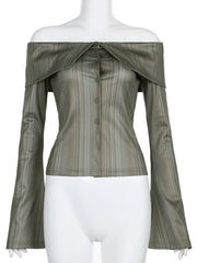 BXOXO Green Striped Off Shoulder Blouses Vintage Y2K Aesthetic Buttons Collar Shirts Women Fashion Korean Casual Sweet Tops