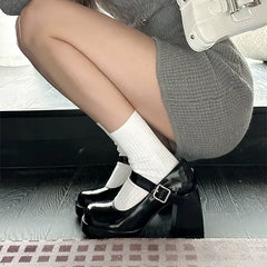 BXOXO Mary Jane Heels Women Hot Sale Pu Leather Ankle Buckle High Heels Platform Shoes Woman Thick Heeled Goth White Pumps