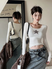 BXOXO Y2K American Retro Star T Shirts Women Harajuku Grunge Slim Basic Crop Tops Vintage Casual Long Sleeve Tees Aesthetic