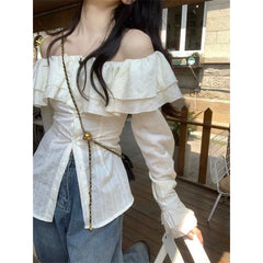 BXOXO Women Fashion Double Layered Ruffle Sexy Off Shoulder Shirts Casual Street Sweet Chic Blouse Female Solid Slim Long Sleeve Tops