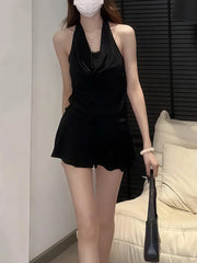 Bxoxo Elegant Halter Neck Black Mini Skirt Women Summer Fashion Lace Patchwork Slim Dress Y2K Sexy Off Shoulder Sleeveless Vestidos