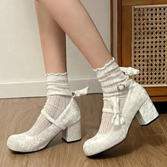 BXOXO High heeled Mary Jane shoes Women New French Velvet Thick Heel Pumps Female Square Heel Single Shoes White Party Sandals