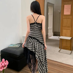 BXOXO Black And White Plaid Women's Dress Lace Splicing Irregular Hem Slimming Strap Long Dress Design Sense Niche Sleeveless