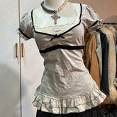 BXOXO Y2K Cute Women's Crop Tops vintage Lace Chic Fashion Casual Solid Color Harajuku Streetwear All-match New Slim baby Crop Top emo