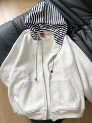 Bxoxo Striped Patchwork Vintage Hoodies Women Loose Harajuku Long Sleeve Retro Sweatshirts Casual American Streetwear Pockets Bf Tops