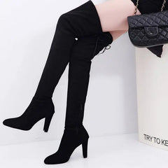 BXOXO Winter Over The Knee Women Boots Stretch Fabrics High Heel Slip On Shoes Pointed Toe Woman Long Boots Size Plus Size34-43