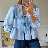 Striped Print Puff Sleeve Blouse Tops Kawaii Front Bowknot Ruffles Hem T-shirts Chic Women Elegant Vintage Loose Tees Streetwear