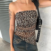 BXOXO Women's Summer Slim Tube Tops Vintage Sleeveless Strapless Off Shoulder Leopard Print Bandeau Cami Vest Y2K Streetwear