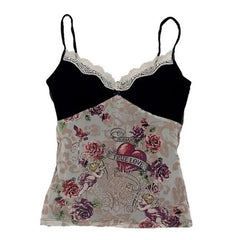 BXOXO Y2k Crop Top Flower Print 2000s Aesthetics Harajuku Baby Tees Gothic Summer EMO Girl Camis Vintage Streetwear Sleeveless Hip Hop