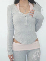 BXOXO Buttons V-neck Crop Top Y2K Aesthetic Long Sleeve Slim T Shirt for Women Autumn Harajuku Gray Casual Korean Style