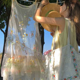 Bxoxo Butterfly Spirit Floral Embroidery Sleeveless Dress Women Summer Loose Overlap Skirt Vest Dress Knee-Length A- Line Gown